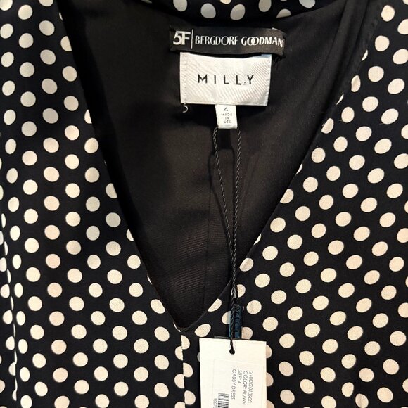 Milly "Gabby" 100% Silk Polka Dot Midi Dress w/ Tie Neck + Cap Sleeves, Size 4 - Picture 6 of 10